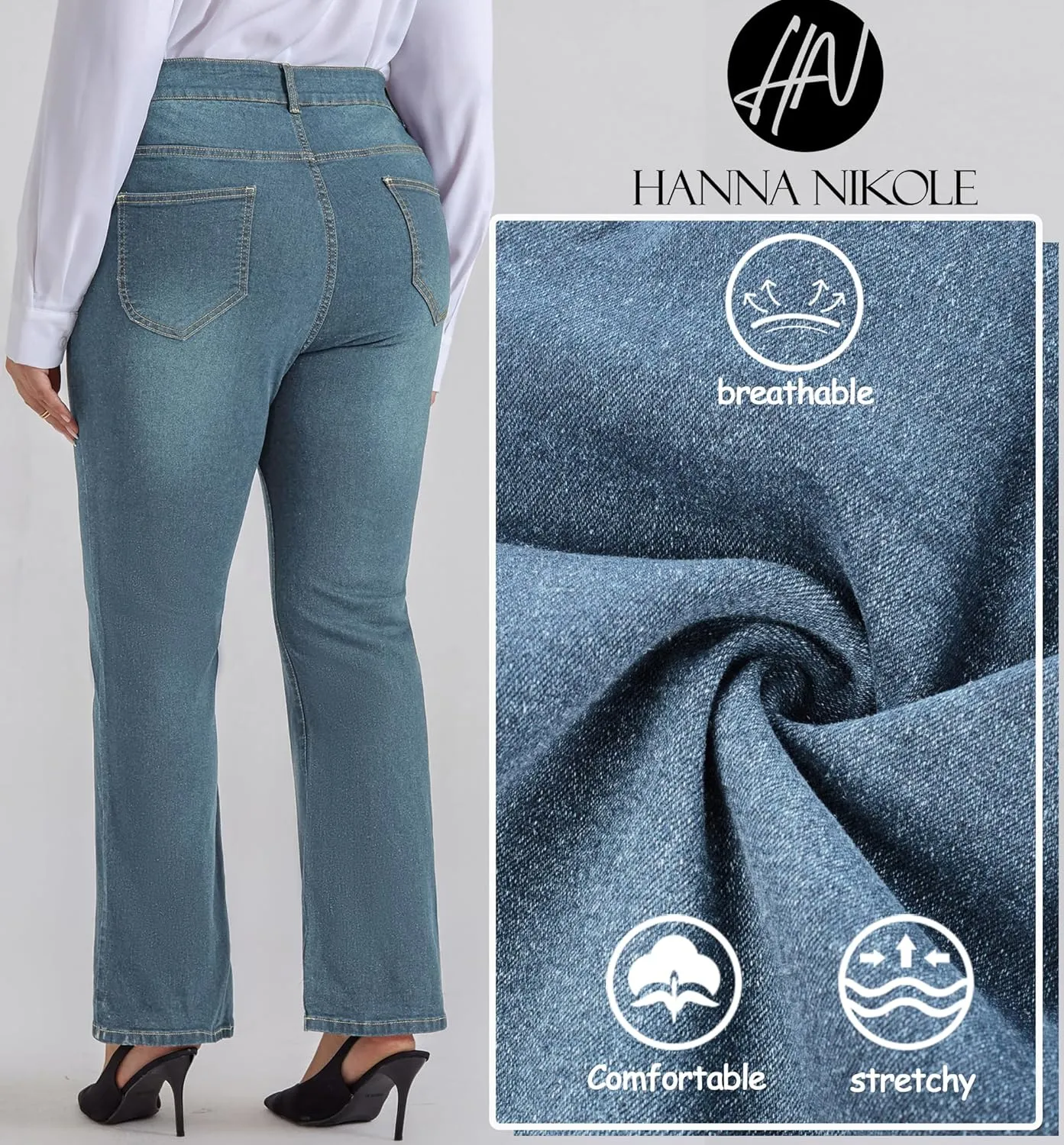 Hanna Nikole Women's Plus Size Wide Flared Jeans High Waisted Stretchy Bell Bottom Denim Jeans with Pockets