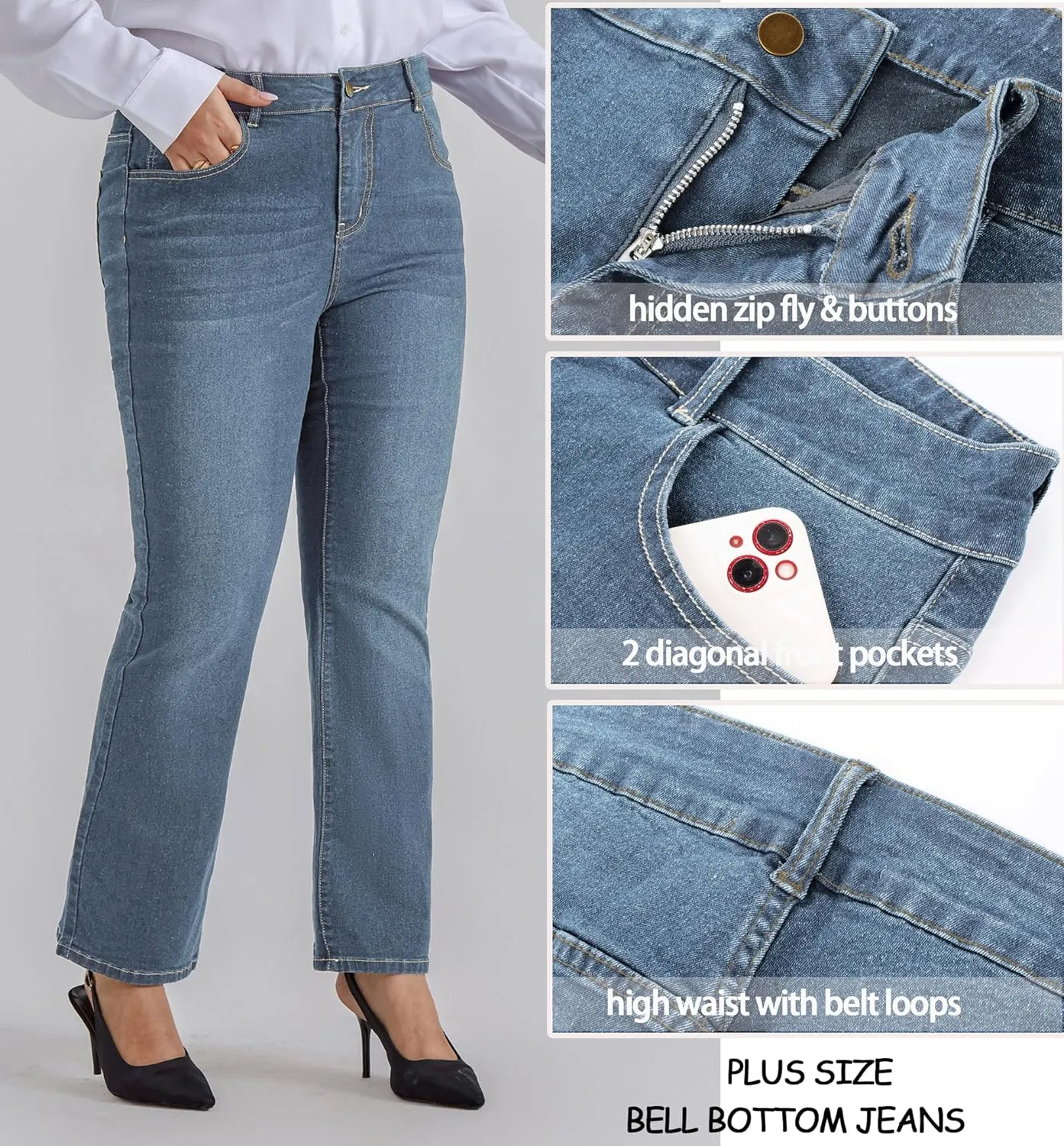 Hanna Nikole Women's Plus Size Wide Flared Jeans High Waisted Stretchy Bell Bottom Denim Jeans with Pockets