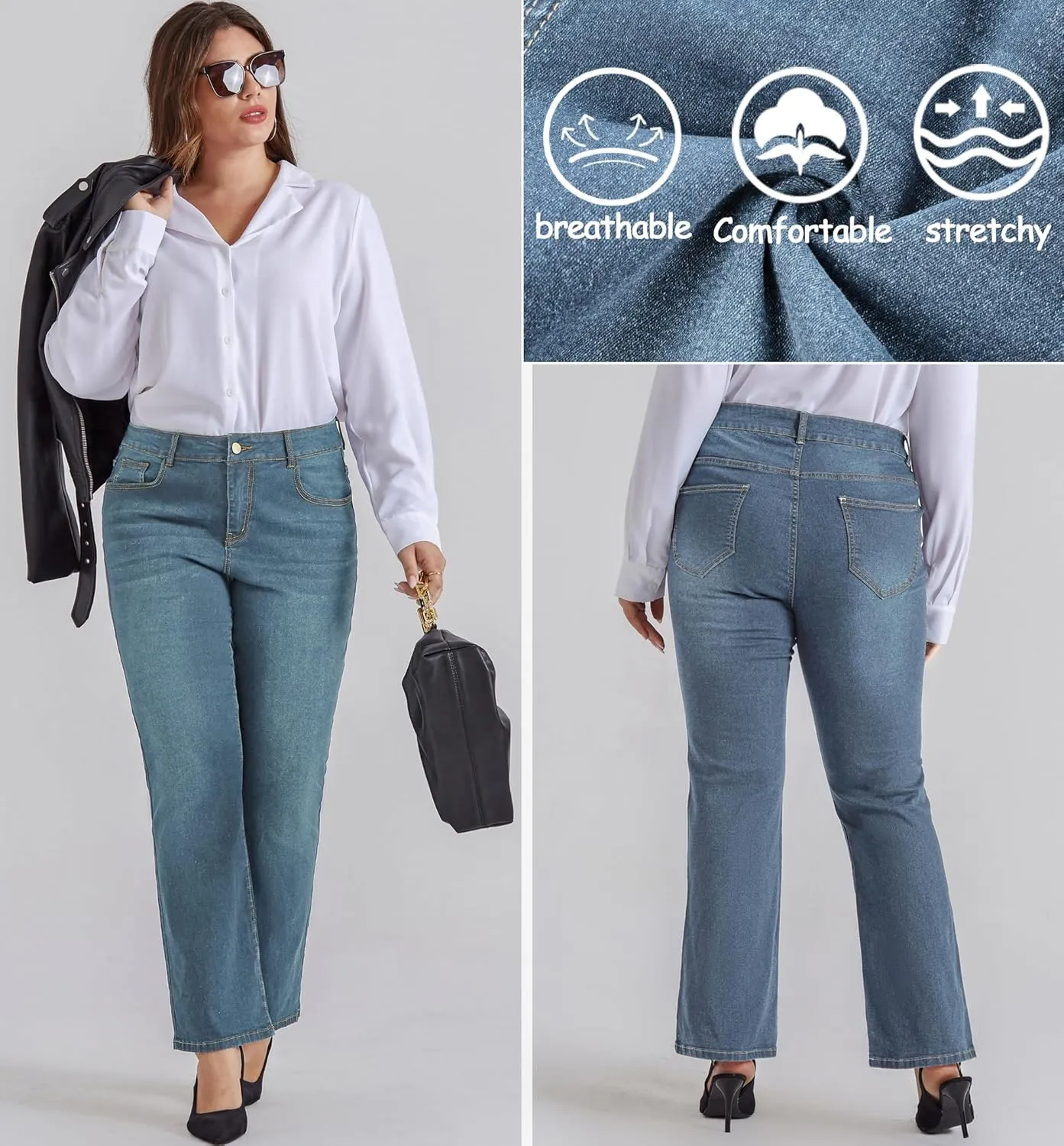 Hanna Nikole Women's Plus Size Wide Flared Jeans High Waisted Stretchy Bell Bottom Denim Jeans with Pockets
