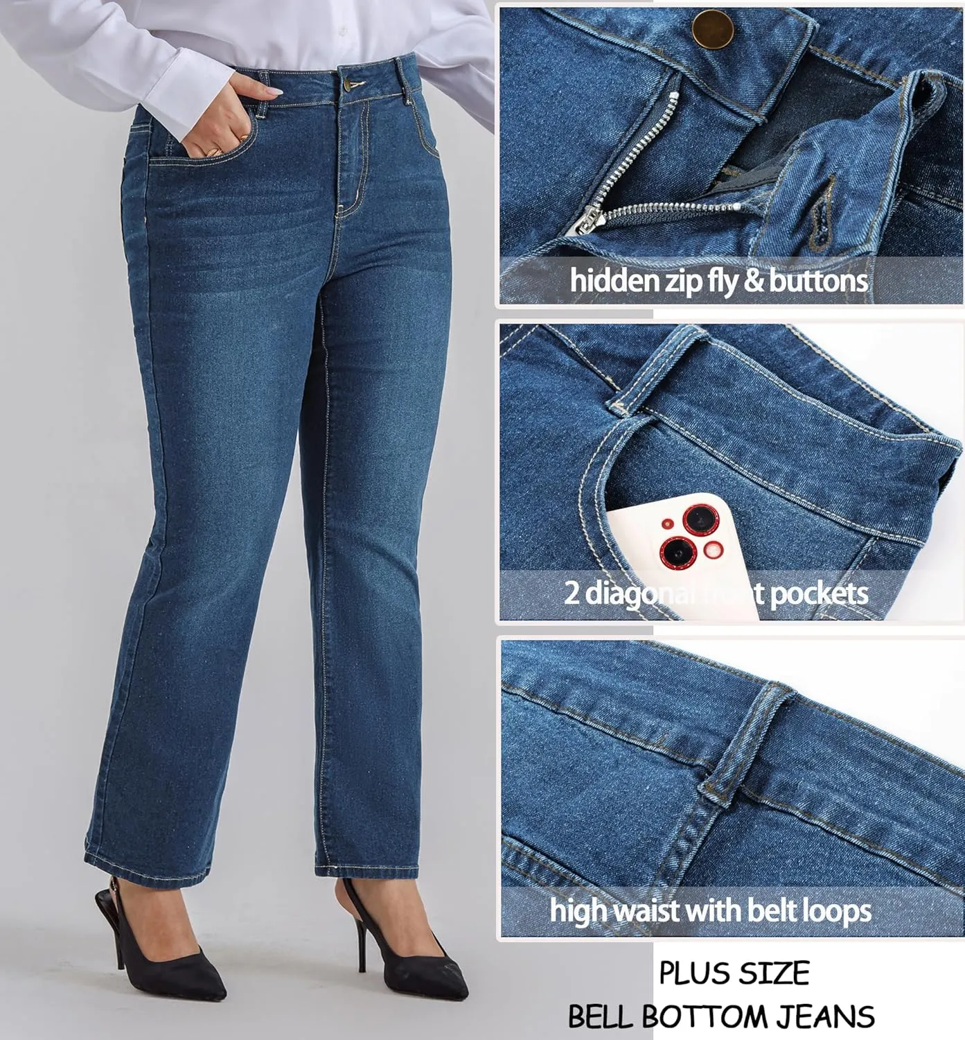 Hanna Nikole Women's Plus Size Wide Flared Jeans High Waisted Stretchy Bell Bottom Denim Jeans with Pockets