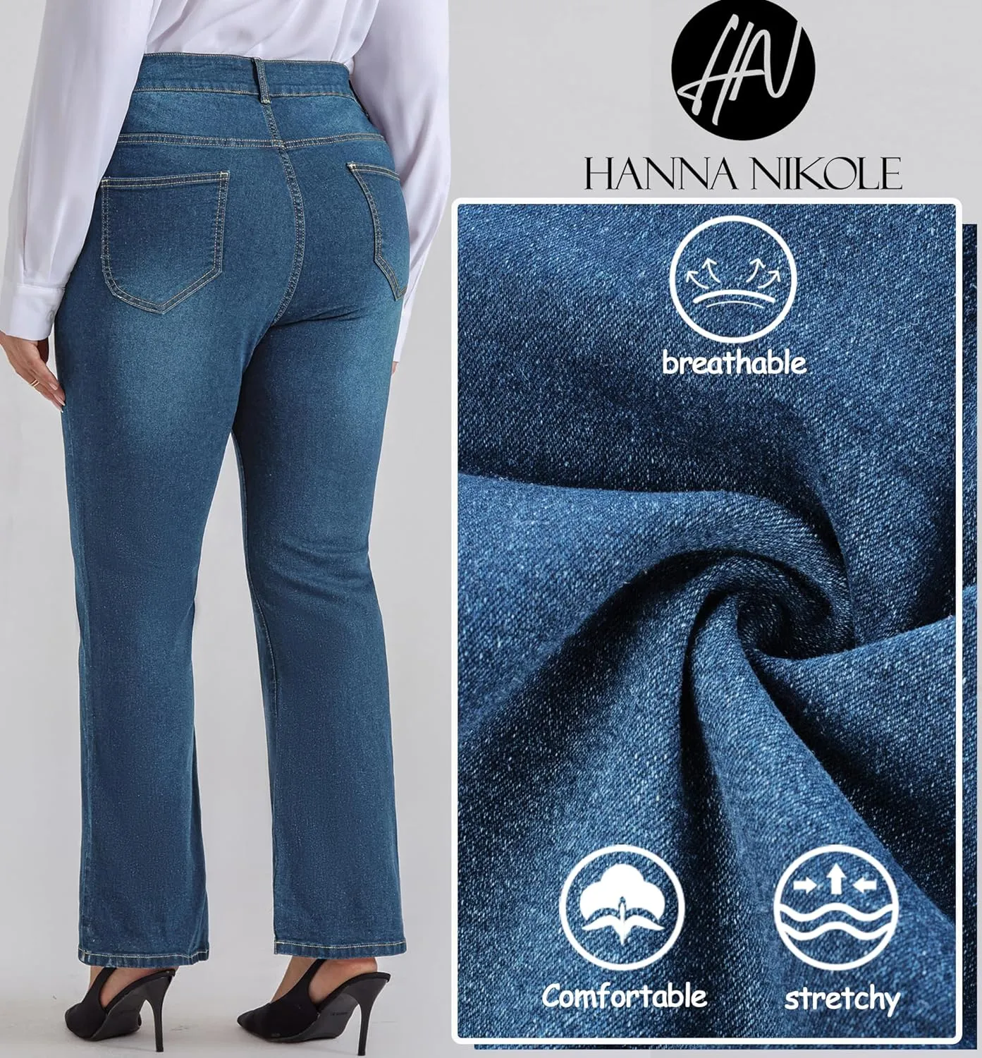 Hanna Nikole Women's Plus Size Wide Flared Jeans High Waisted Stretchy Bell Bottom Denim Jeans with Pockets