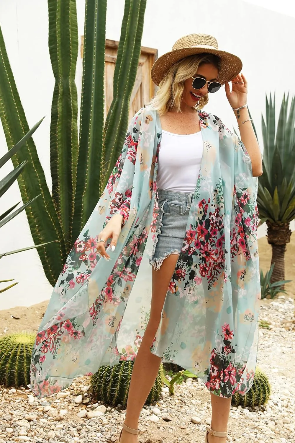 Hibluco Women's Summer Chiffon Floral Kimono Cardigan Long Swimwear Cover Ups