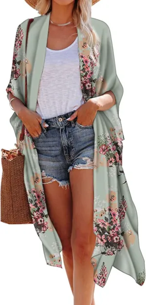 Hibluco Women's Summer Chiffon Floral Kimono Cardigan Long Swimwear Cover Ups