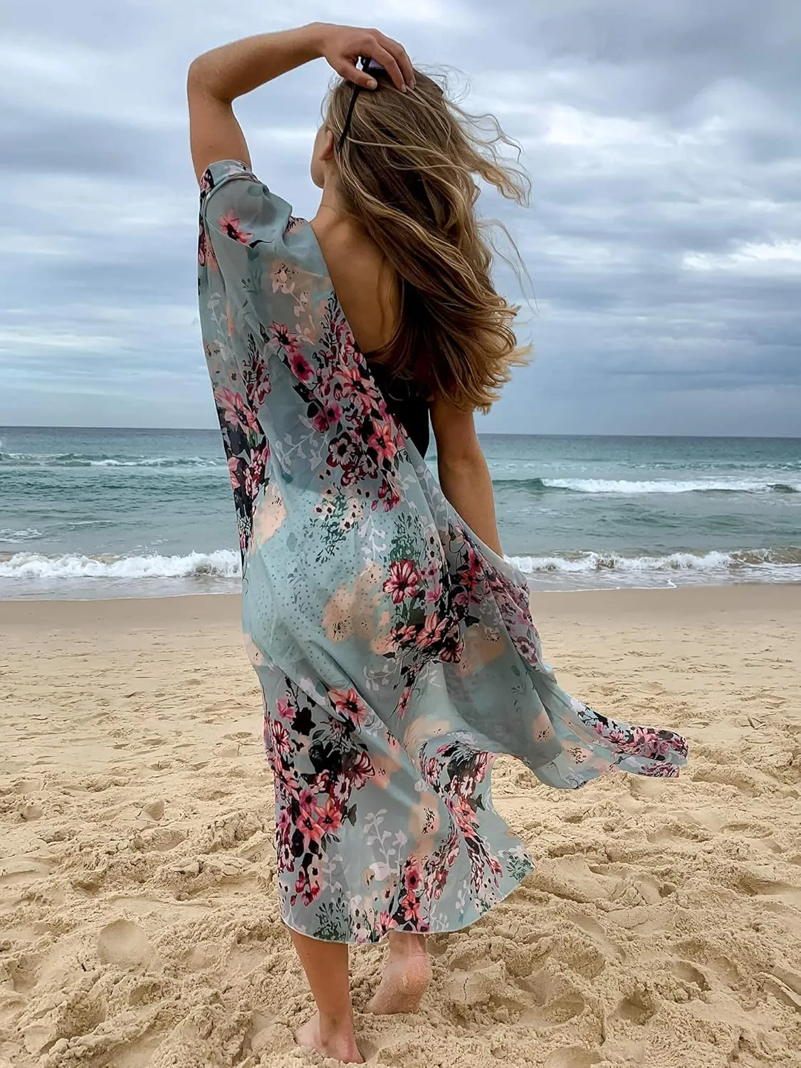 Hibluco Women's Summer Chiffon Floral Kimono Cardigan Long Swimwear Cover Ups