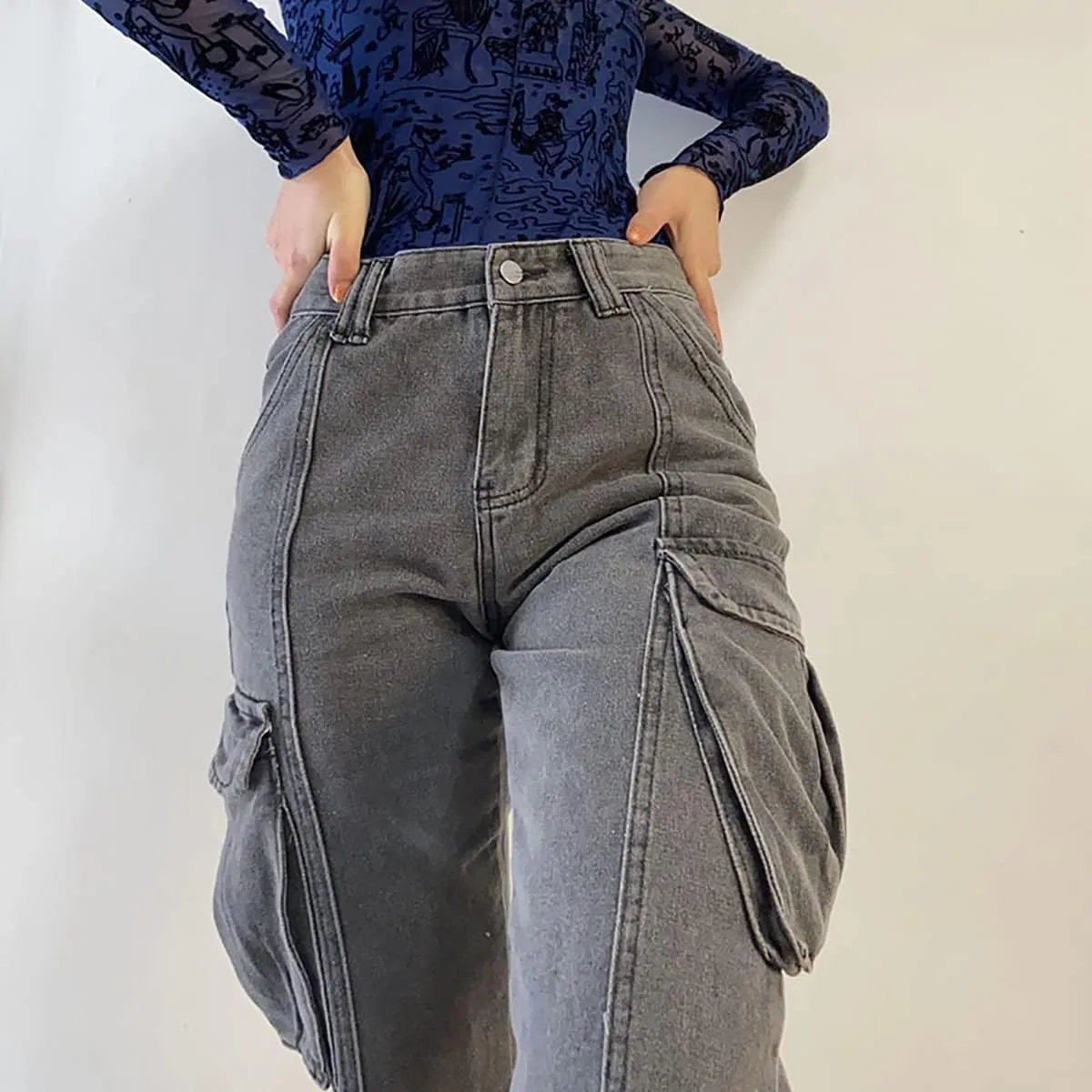 High Rise Boyfriend Jeans for Women Y2K Baggy Straight Wide Leg Cargo Jeans Denim Pants Streetwear with Pockets