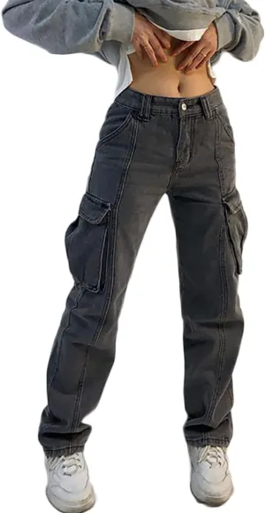 High Rise Boyfriend Jeans for Women Y2K Baggy Straight Wide Leg Cargo Jeans Denim Pants Streetwear with Pockets