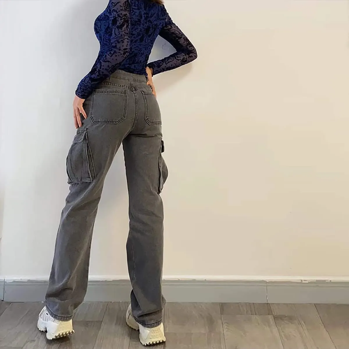High Rise Boyfriend Jeans for Women Y2K Baggy Straight Wide Leg Cargo Jeans Denim Pants Streetwear with Pockets