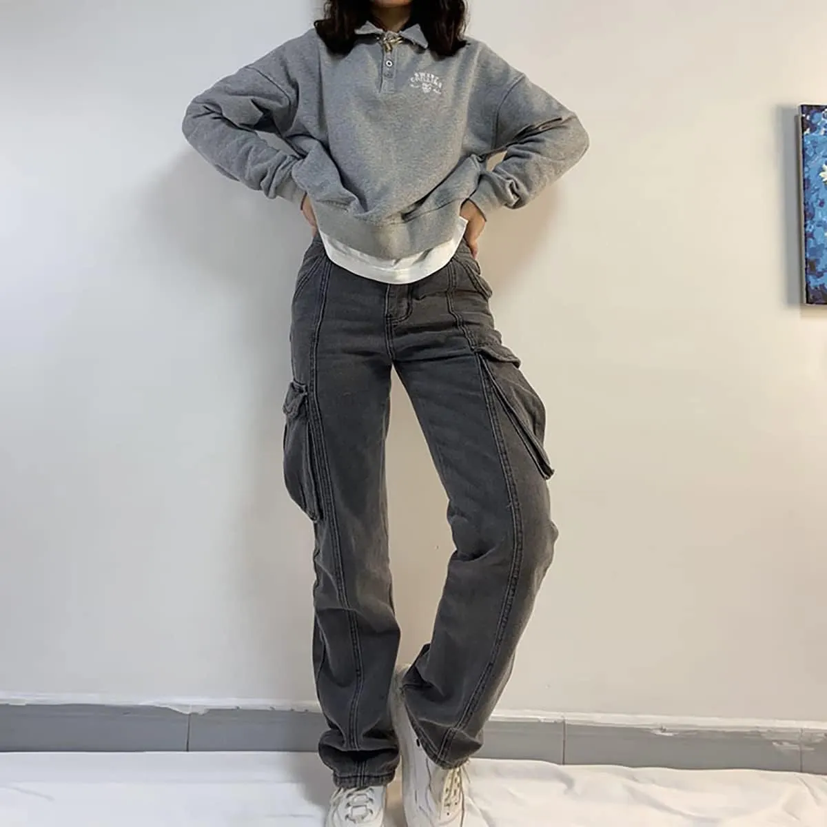 High Rise Boyfriend Jeans for Women Y2K Baggy Straight Wide Leg Cargo Jeans Denim Pants Streetwear with Pockets