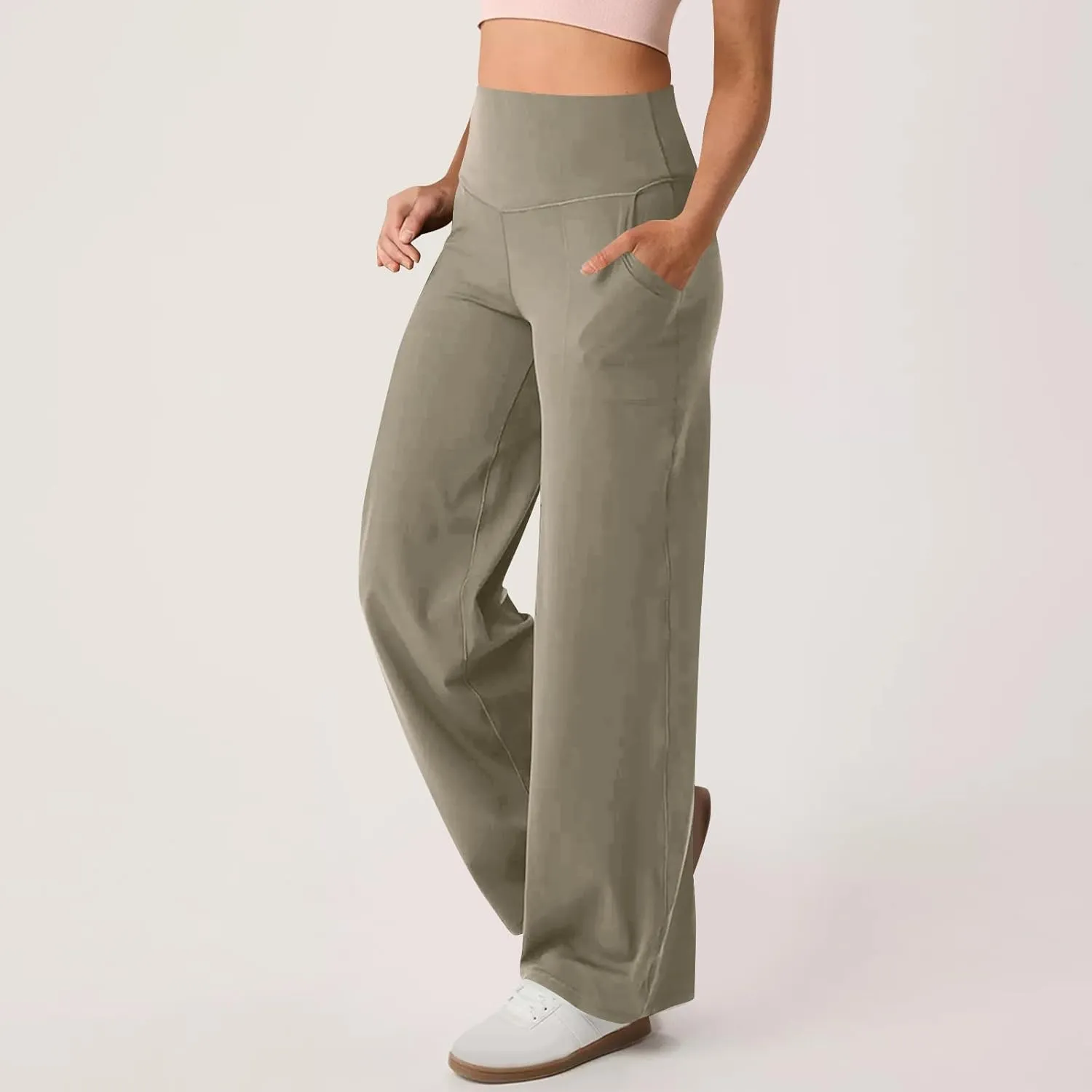 High Waist Tummy Control Pants for Women Loose Wide Leg Trousers with Pocket Comfy Workout Yoga Leggings