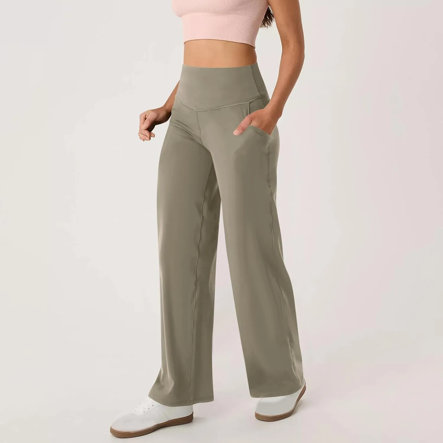 High Waist Tummy Control Pants for Women Loose Wide Leg Trousers with Pocket Comfy Workout Yoga Leggings