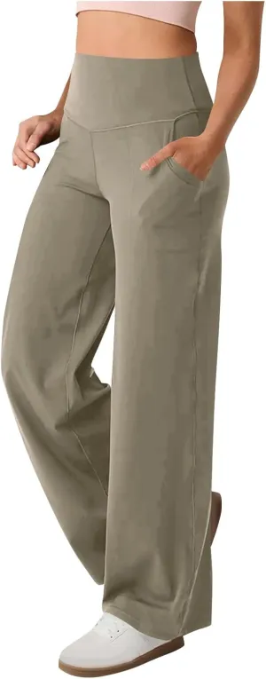 High Waist Tummy Control Pants for Women Loose Wide Leg Trousers with Pocket Comfy Workout Yoga Leggings