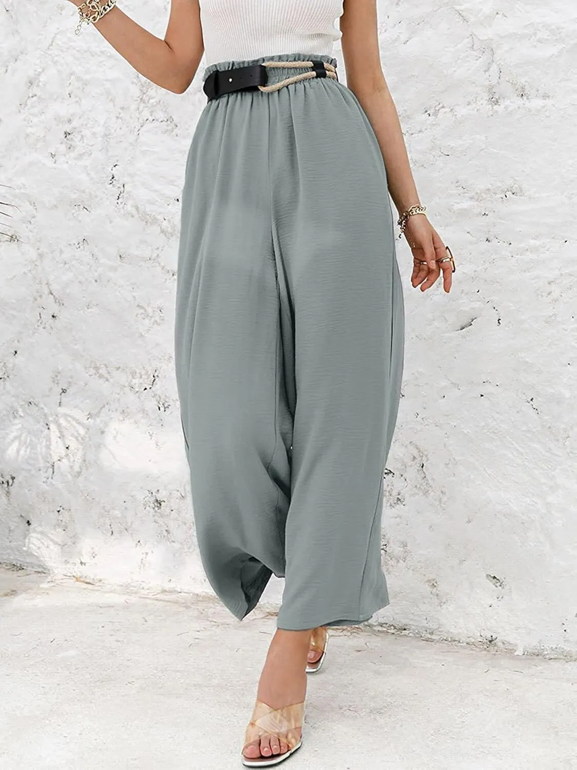 High Waist Wide Leg Pants for Women Summer Breathable Cotton Linen Pant Loose Solid Business Trousers with Pockets