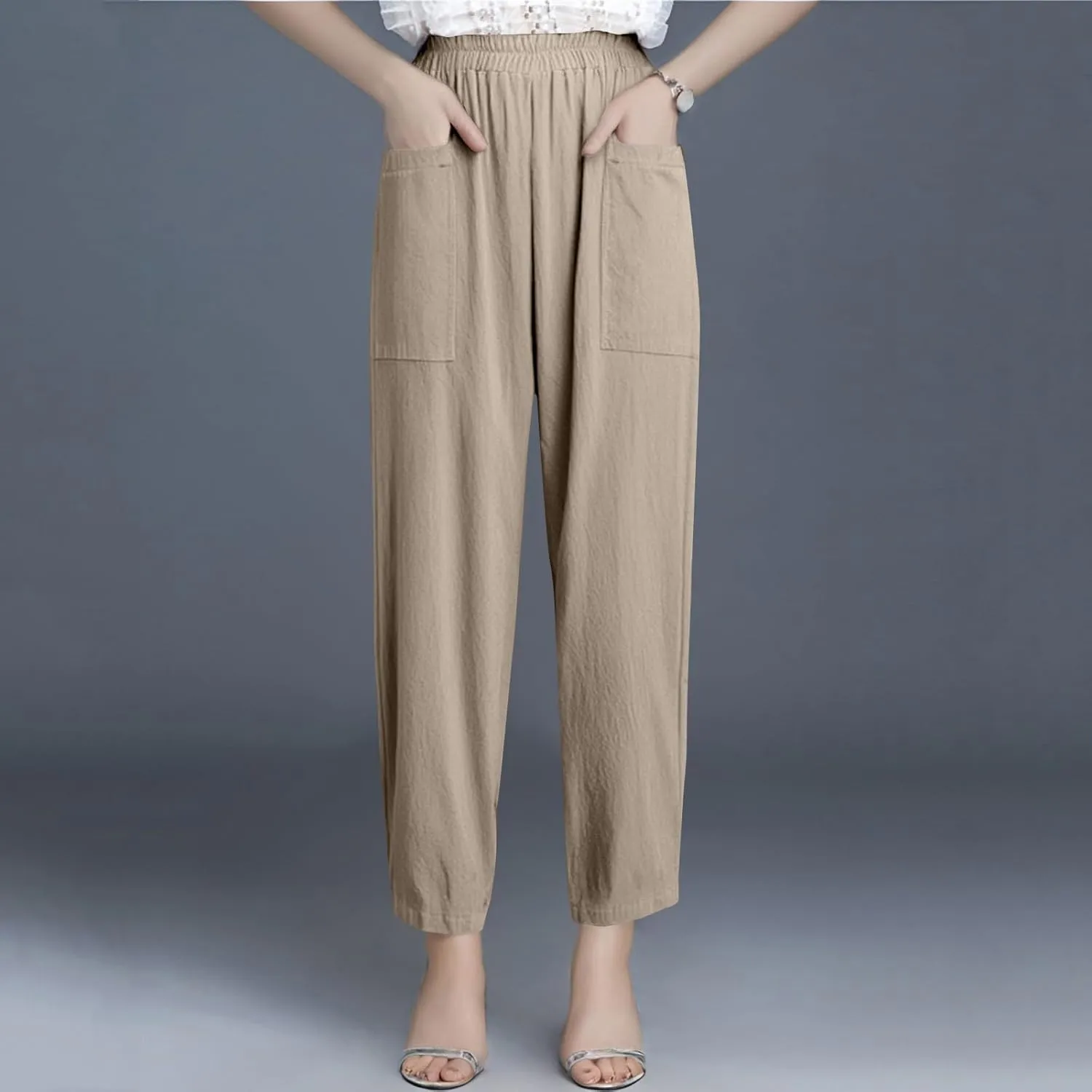 High Waisted Linen Pants Women Summer Pants Wide Leg Trouser Lounge Pant Office Palazzo Pant with Pockets (S-2Xl)
