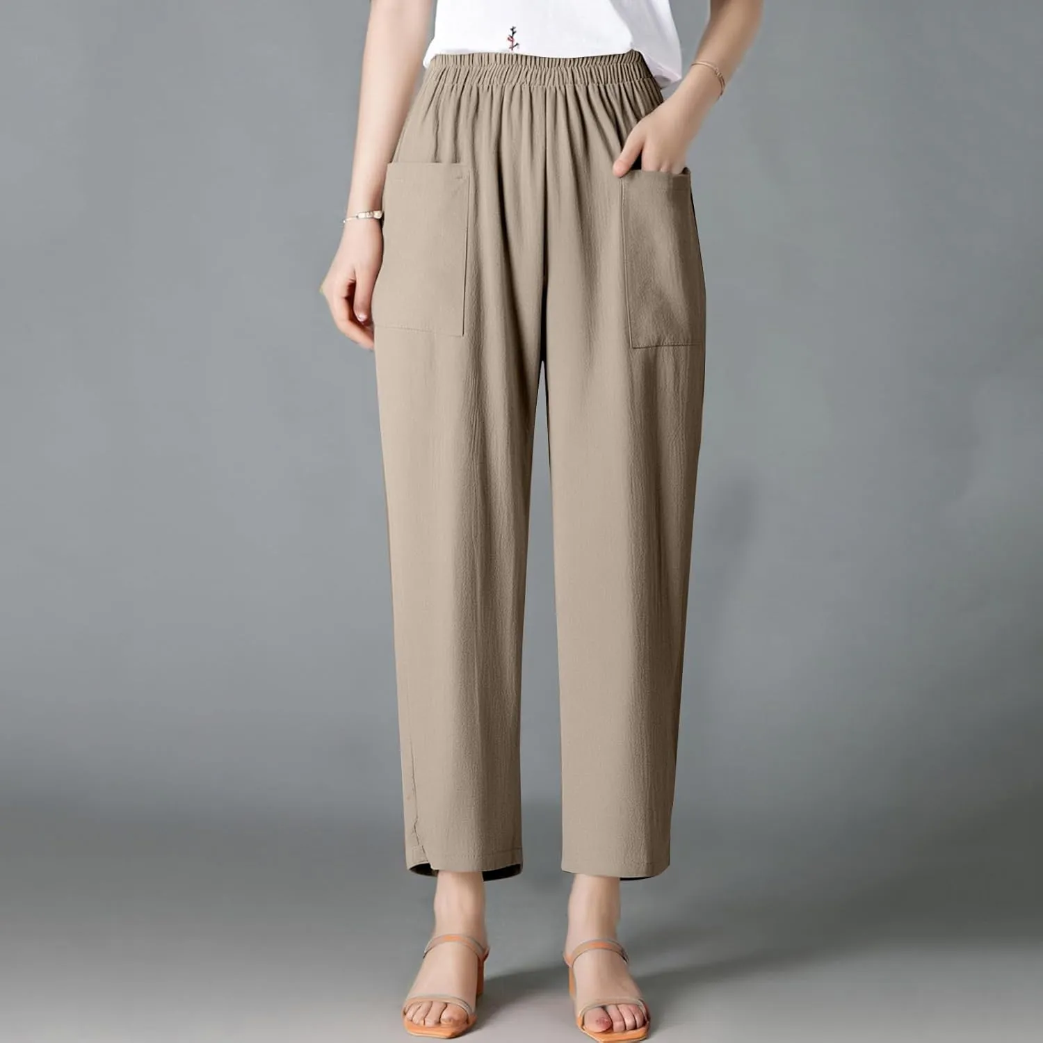 High Waisted Linen Pants Women Summer Pants Wide Leg Trouser Lounge Pant Office Palazzo Pant with Pockets (S-2Xl)