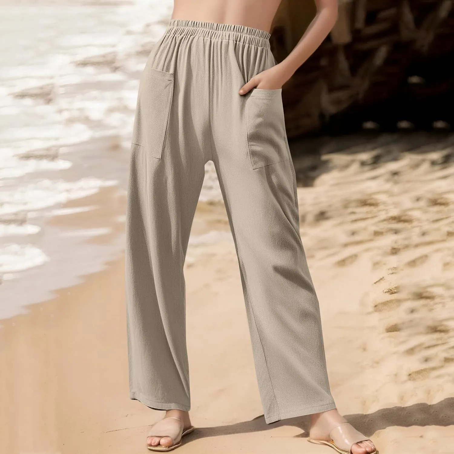High Waisted Linen Pants Women Summer Pants Wide Leg Trouser Lounge Pant Office Palazzo Pant with Pockets (S-2Xl)