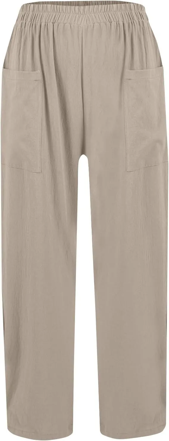 High Waisted Linen Pants Women Summer Pants Wide Leg Trouser Lounge Pant Office Palazzo Pant with Pockets (S-2Xl)