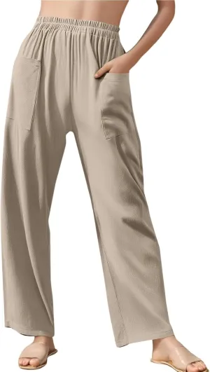 High Waisted Linen Pants Women Summer Pants Wide Leg Trouser Lounge Pant Office Palazzo Pant with Pockets (S-2Xl)