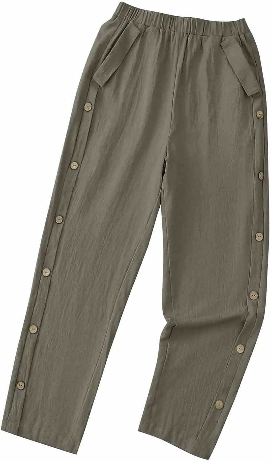 High Waisted Pants for Women Casual Linen Slacks Loose Wide Leg Trousers Side Button Elastic Waist Straight Pants