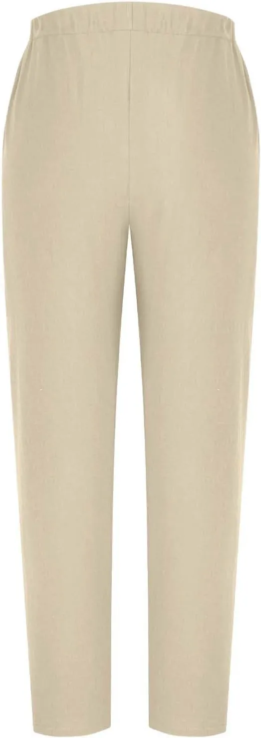 High Waisted Pants for Women Casual Linen Slacks Loose Wide Leg Trousers Side Button Elastic Waist Straight Pants