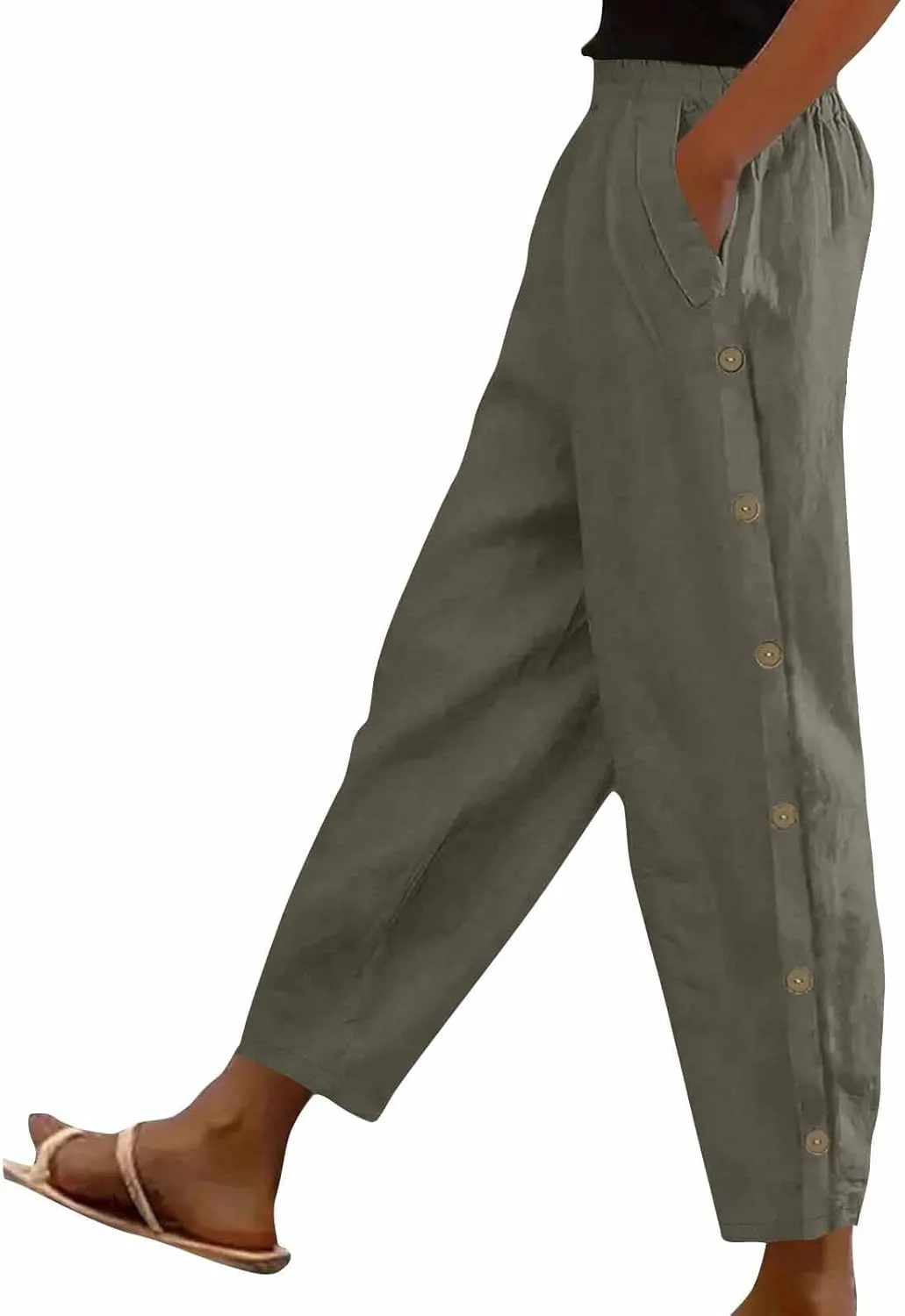 High Waisted Pants for Women Casual Linen Slacks Loose Wide Leg Trousers Side Button Elastic Waist Straight Pants