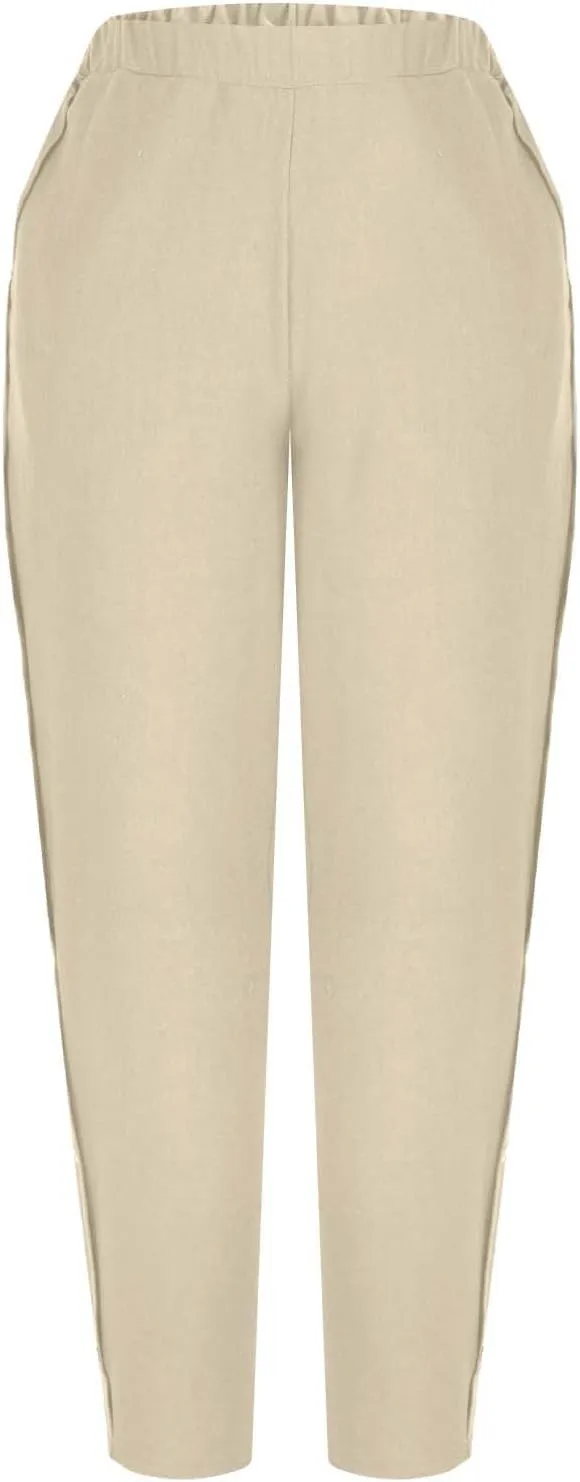 High Waisted Pants for Women Casual Linen Slacks Loose Wide Leg Trousers Side Button Elastic Waist Straight Pants