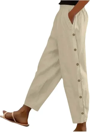 High Waisted Pants for Women Casual Linen Slacks Loose Wide Leg Trousers Side Button Elastic Waist Straight Pants