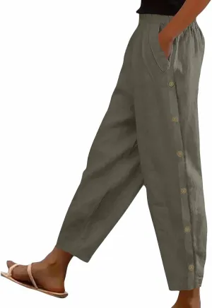 High Waisted Pants for Women Casual Linen Slacks Loose Wide Leg Trousers Side Button Elastic Waist Straight Pants