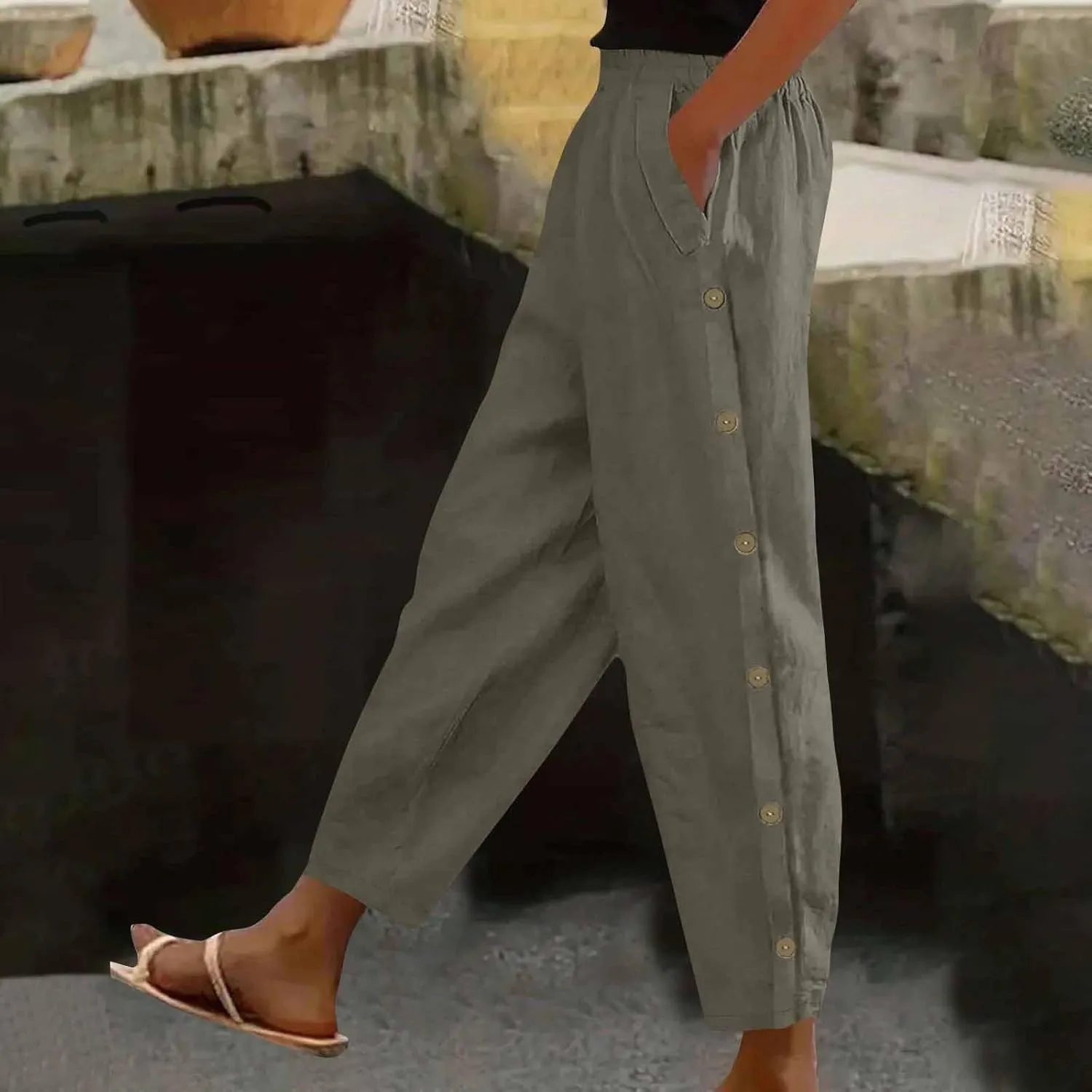High Waisted Pants for Women Casual Linen Slacks Loose Wide Leg Trousers Side Button Elastic Waist Straight Pants