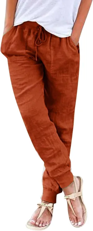 High Waisted Trousers Women Casual Ankle Length Tapered Pant Linen Drawstring Waist Summer Casual Pull On Sweatpant