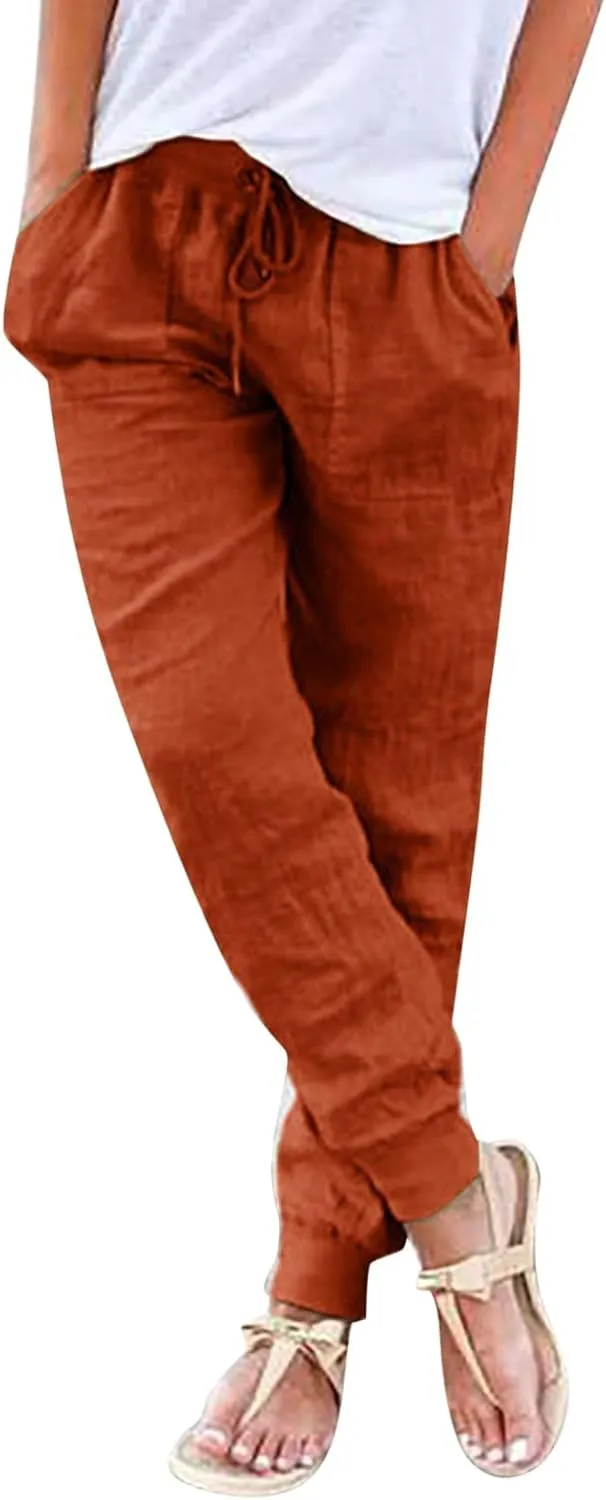 High Waisted Trousers Women Casual Ankle Length Tapered Pant Linen Drawstring Waist Summer Casual Pull On Sweatpant
