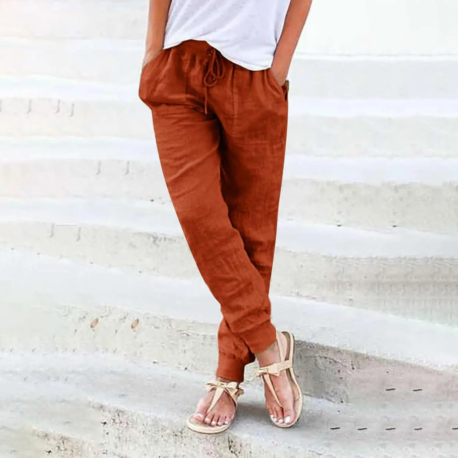 High Waisted Trousers Women Casual Ankle Length Tapered Pant Linen Drawstring Waist Summer Casual Pull On Sweatpant