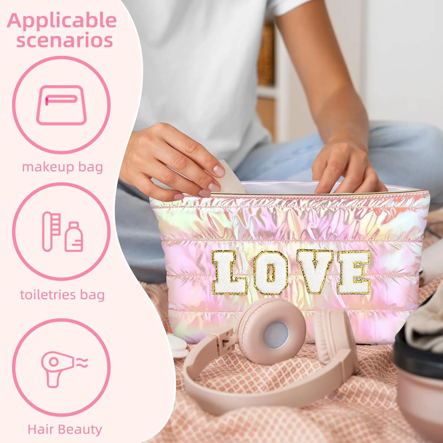 Hiroyuki 3pcs Iridescent Quilted Makeup Bag (ILOVEU, purple)