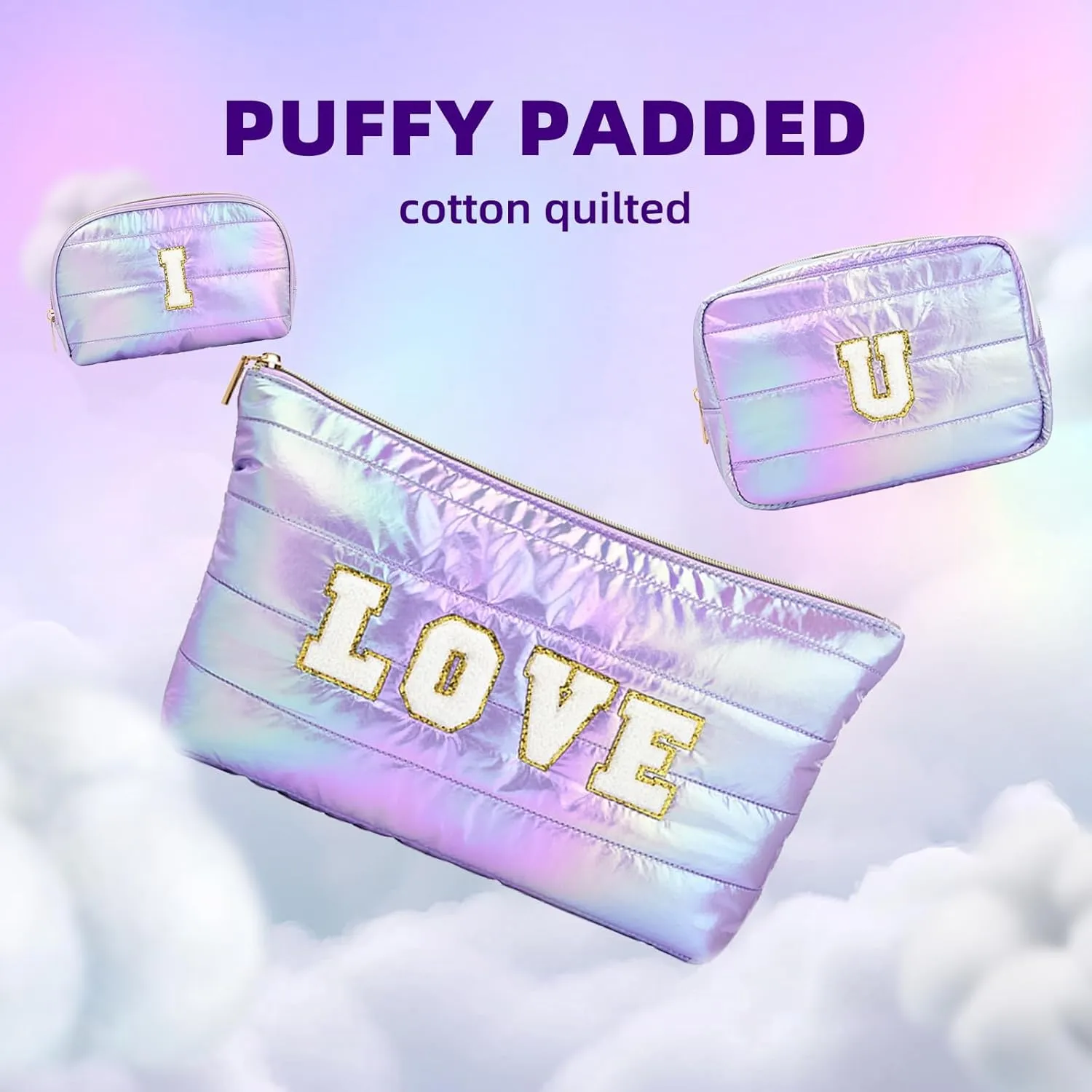 Hiroyuki 3pcs Iridescent Quilted Makeup Bag (ILOVEU, purple)