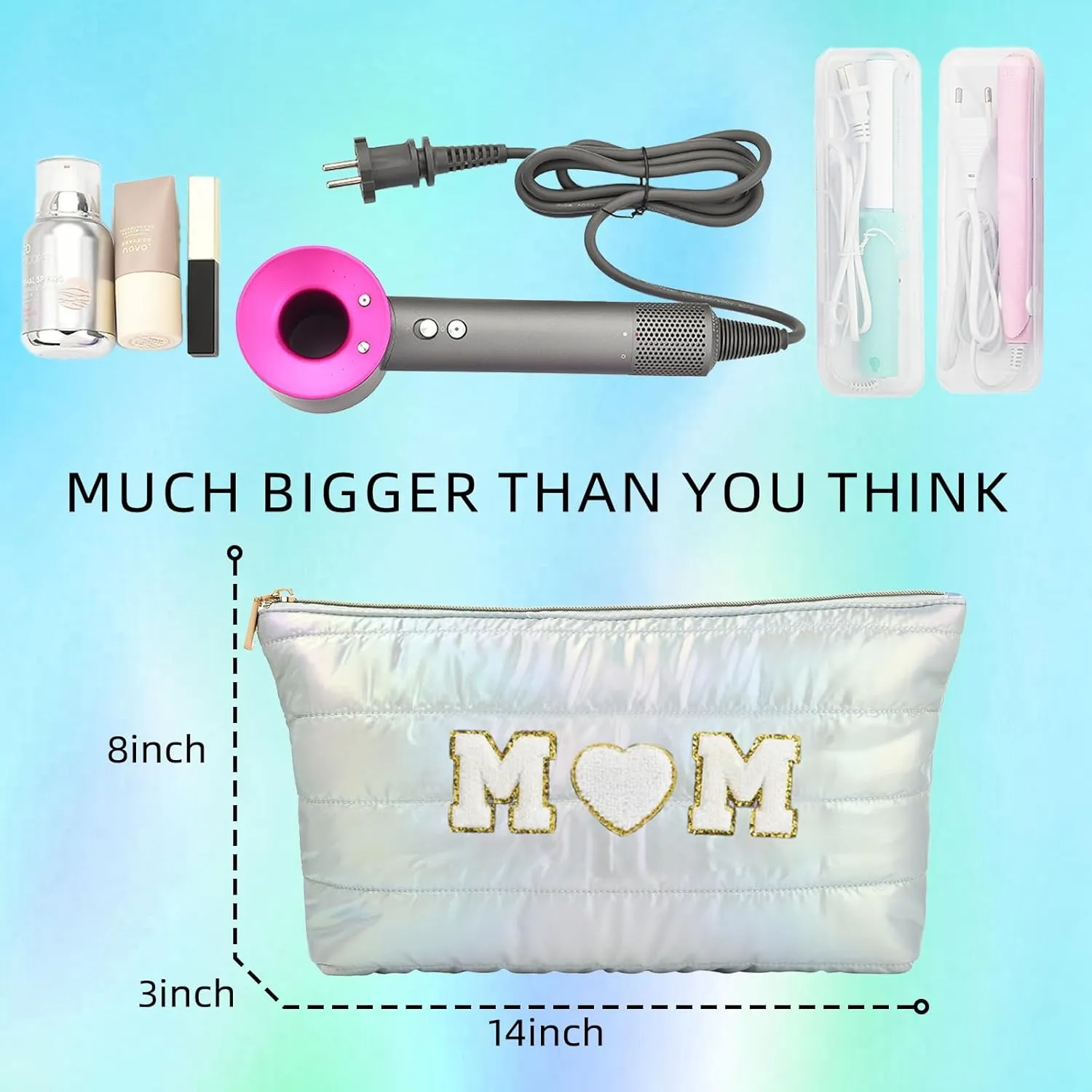 Hiroyuki 3pcs Iridescent Quilted Makeup Bag (ILOVEUMOM, cyan)