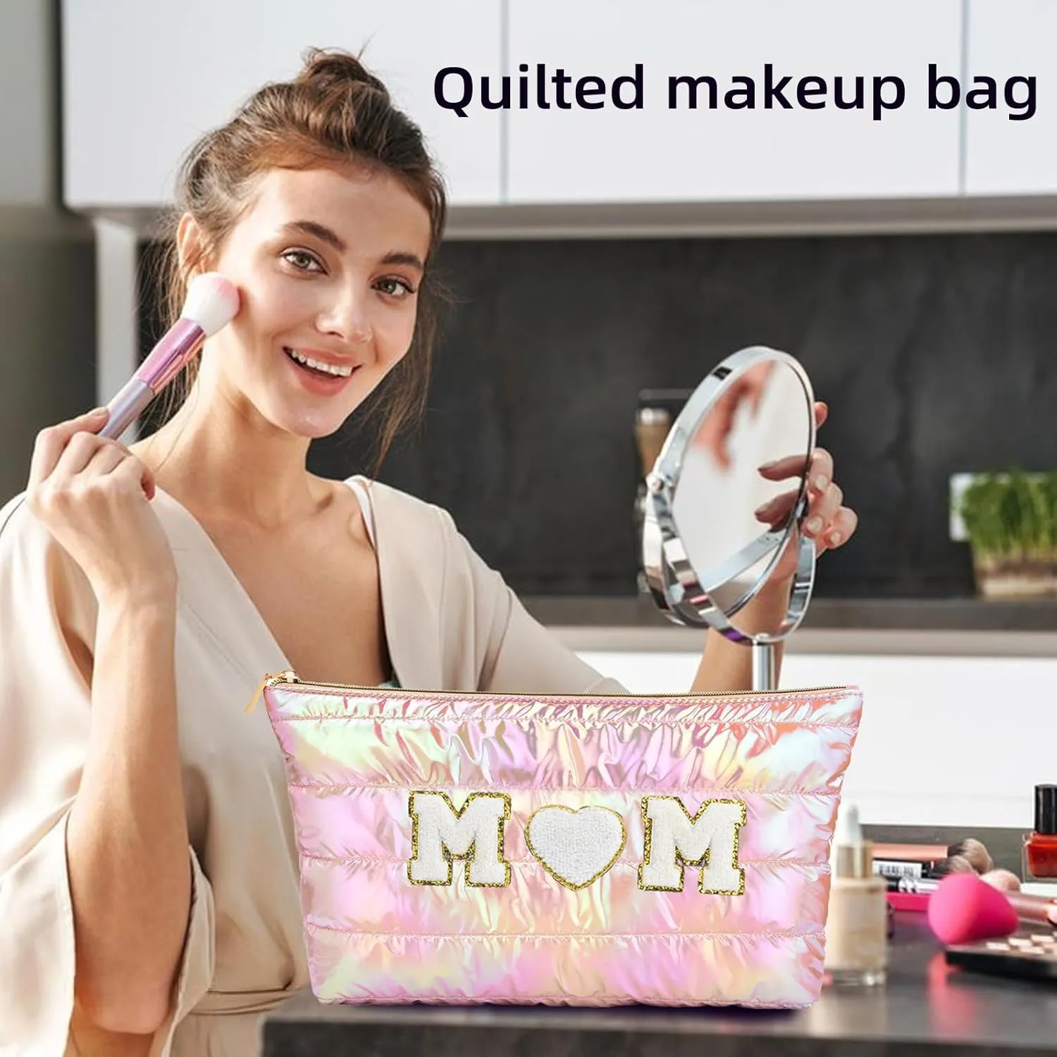 Hiroyuki 3pcs Iridescent Quilted Makeup Bag (ILOVEUMOM, pink)