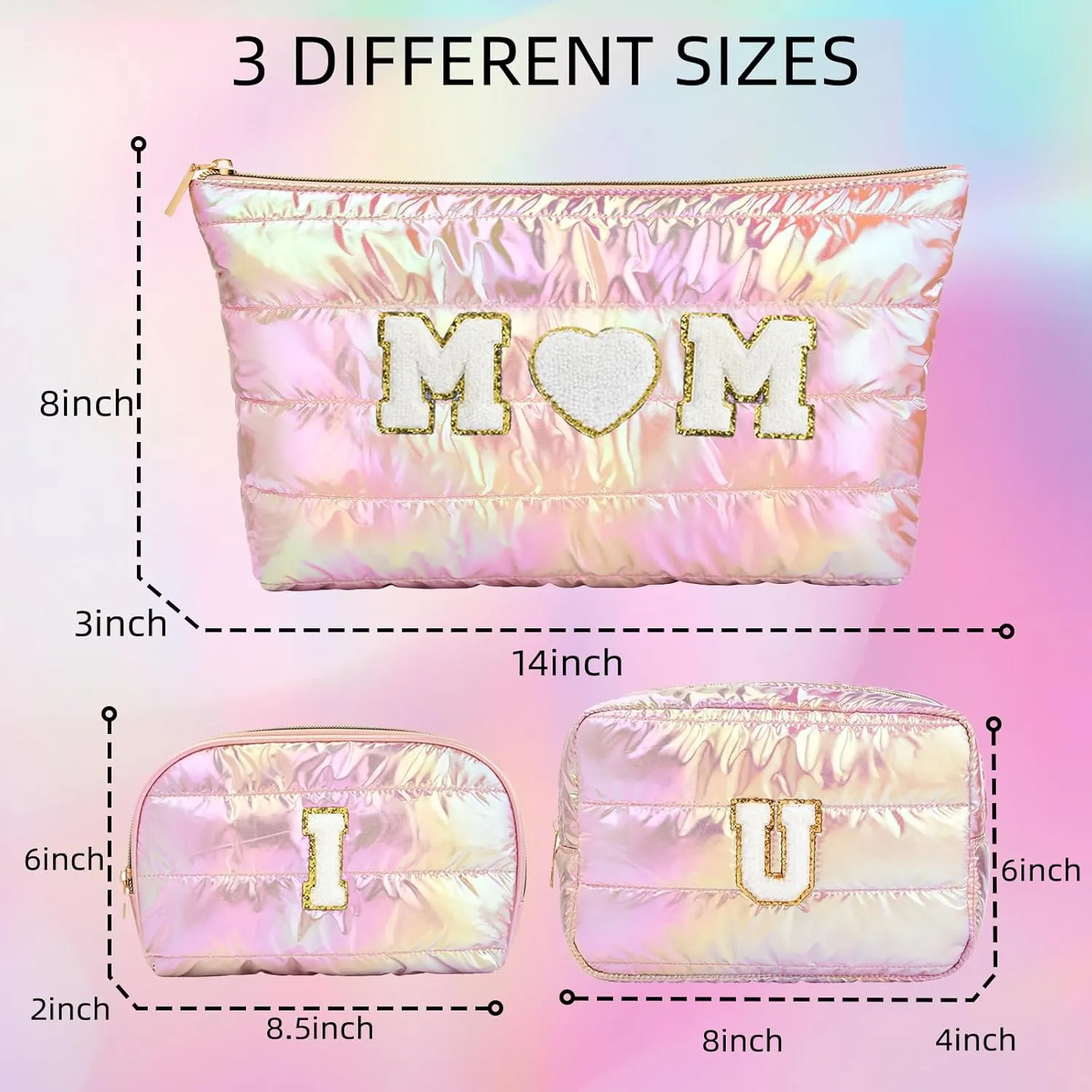 Hiroyuki 3pcs Iridescent Quilted Makeup Bag (ILOVEUMOM, pink)