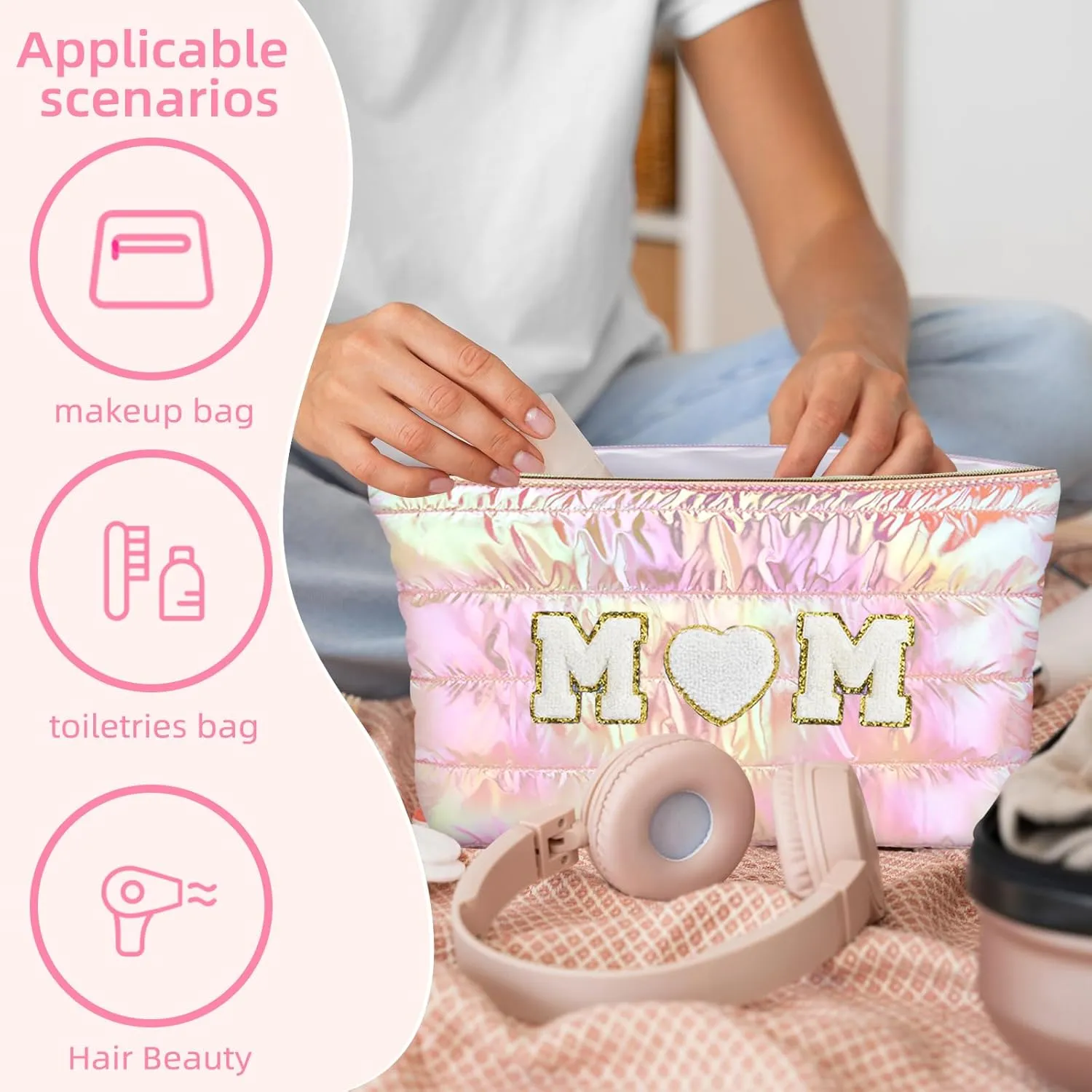Hiroyuki 3pcs Iridescent Quilted Makeup Bag (ILOVEUMOM, pink)