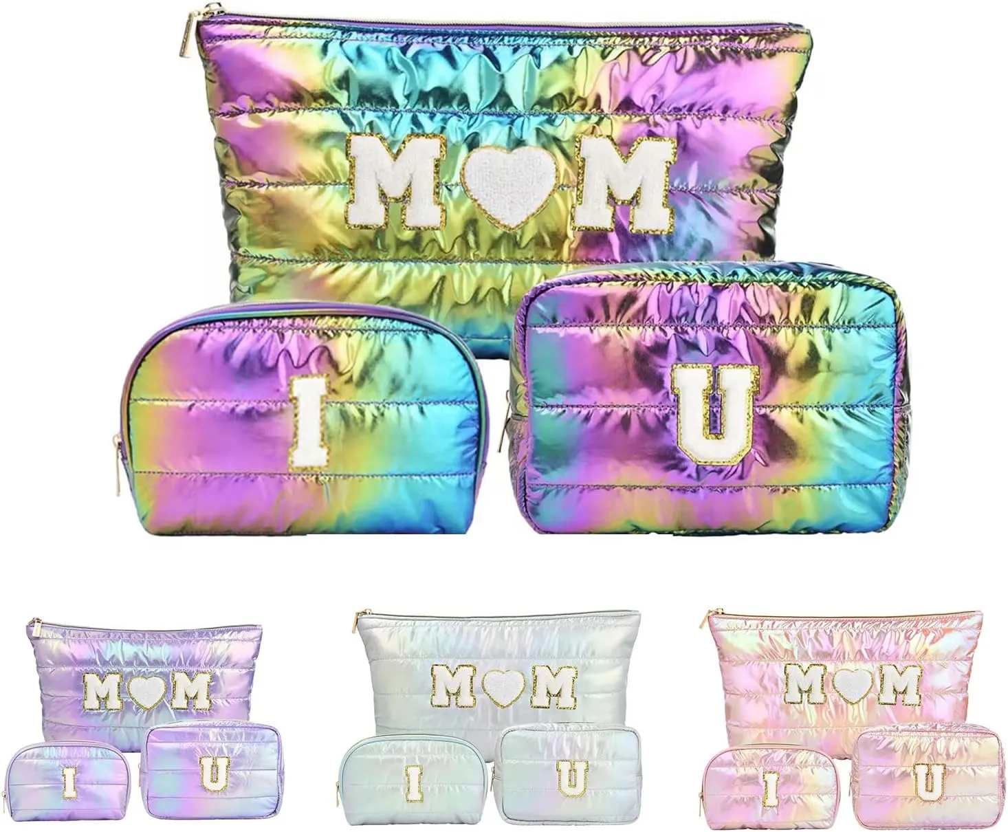 Hiroyuki 3pcs Iridescent Quilted Makeup Bag (ILOVEUMOM, rainbow)