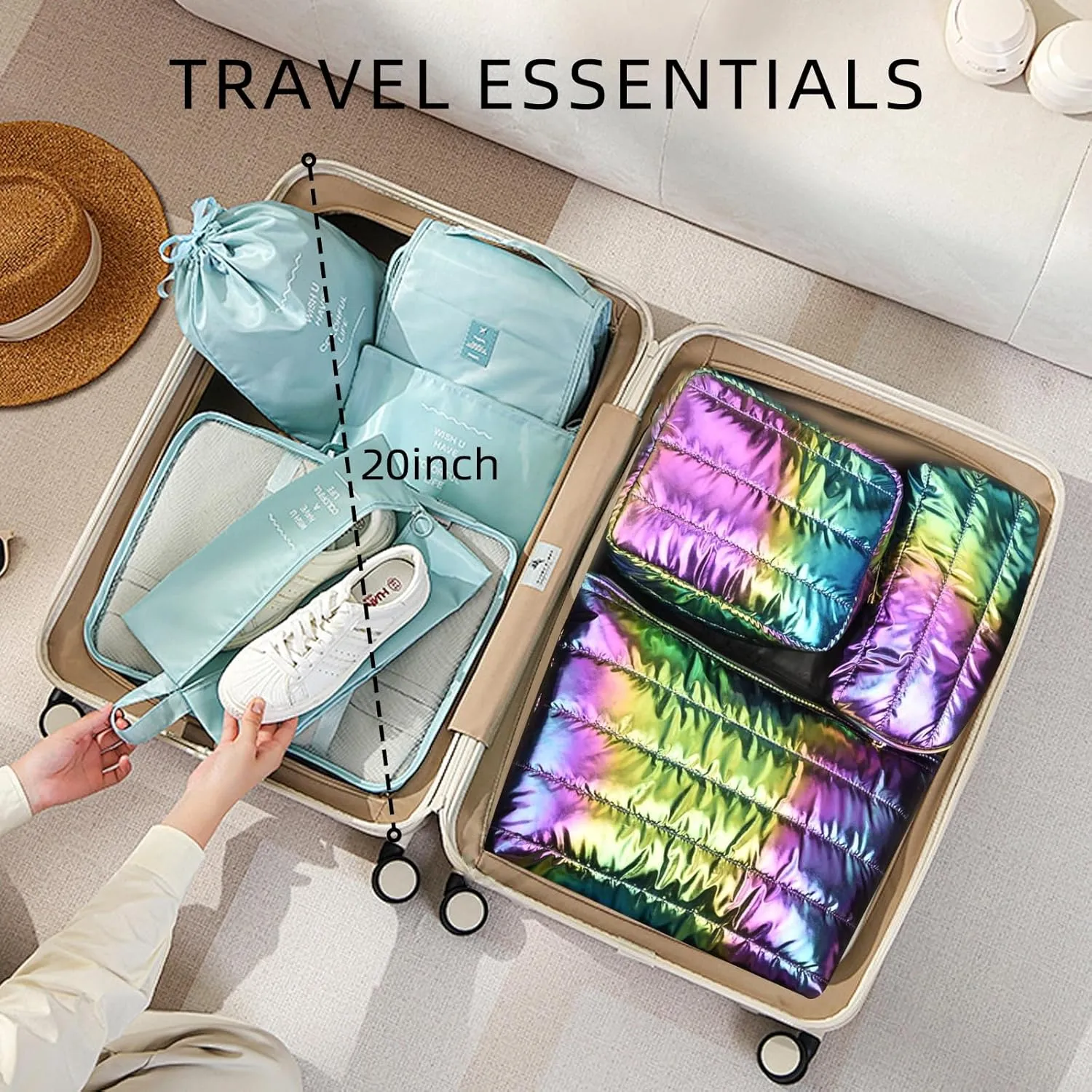 Hiroyuki 3pcs Iridescent Quilted Makeup Bag (ILOVEUMOM, rainbow)