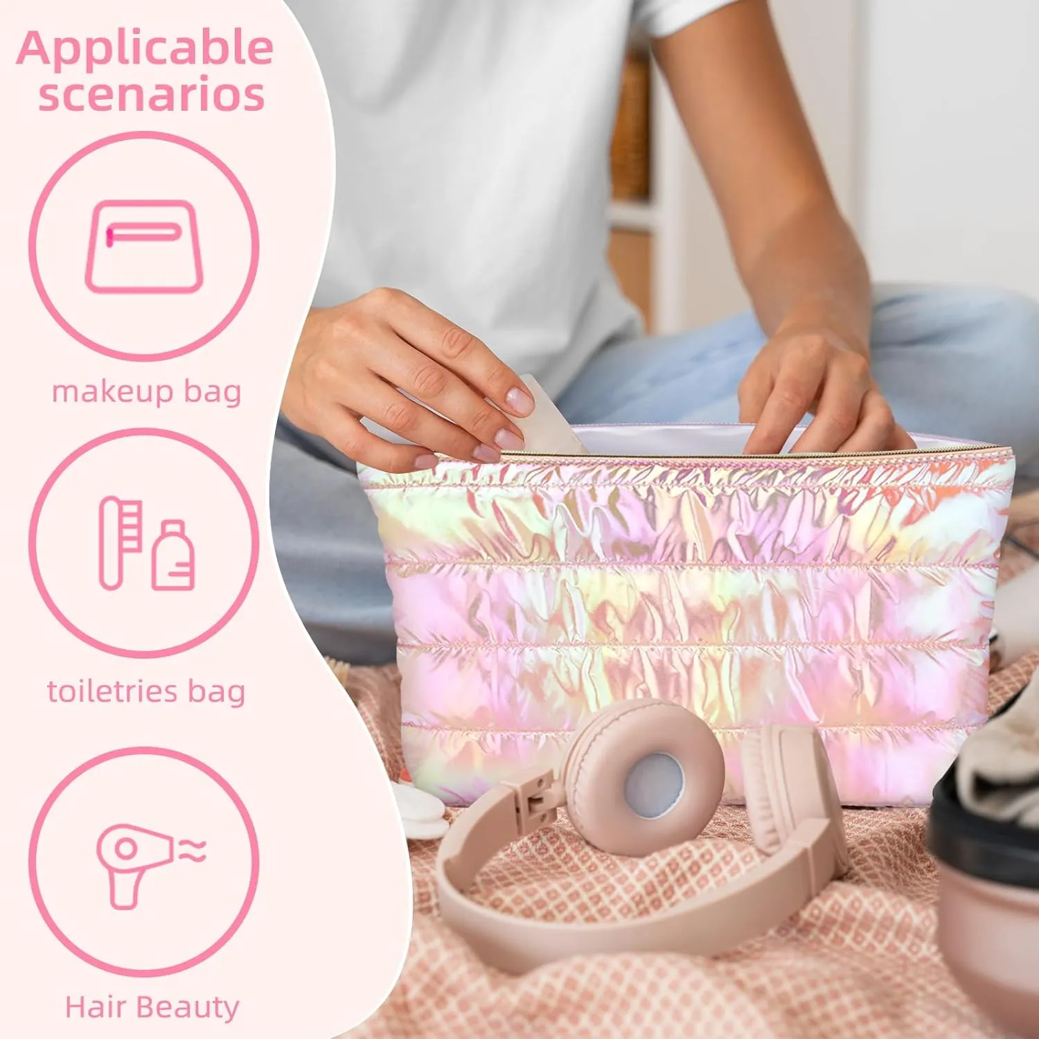 Hiroyuki 3pcs Iridescent Quilted Makeup Bag (plain, pink)