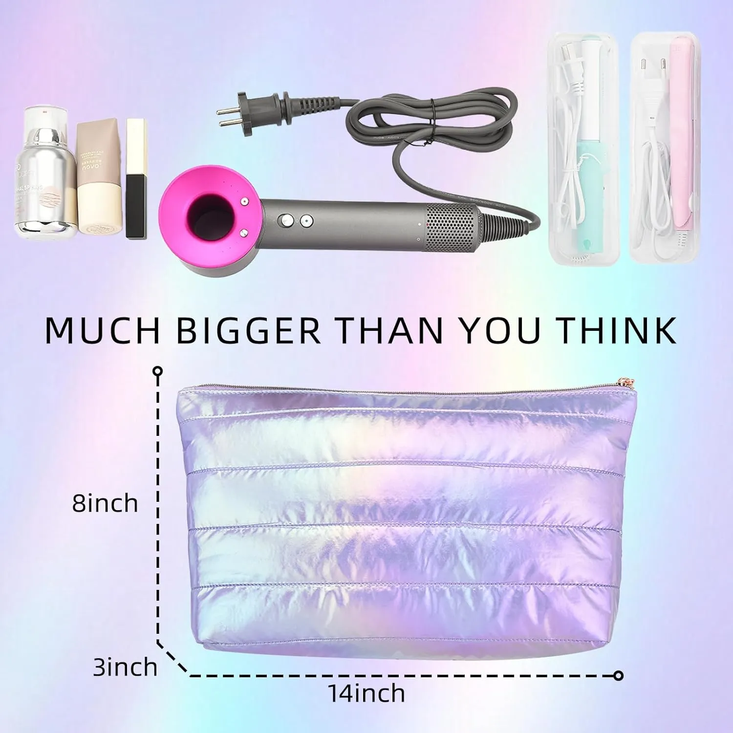 Hiroyuki 3pcs Iridescent Quilted Makeup Bag (plain, purple)