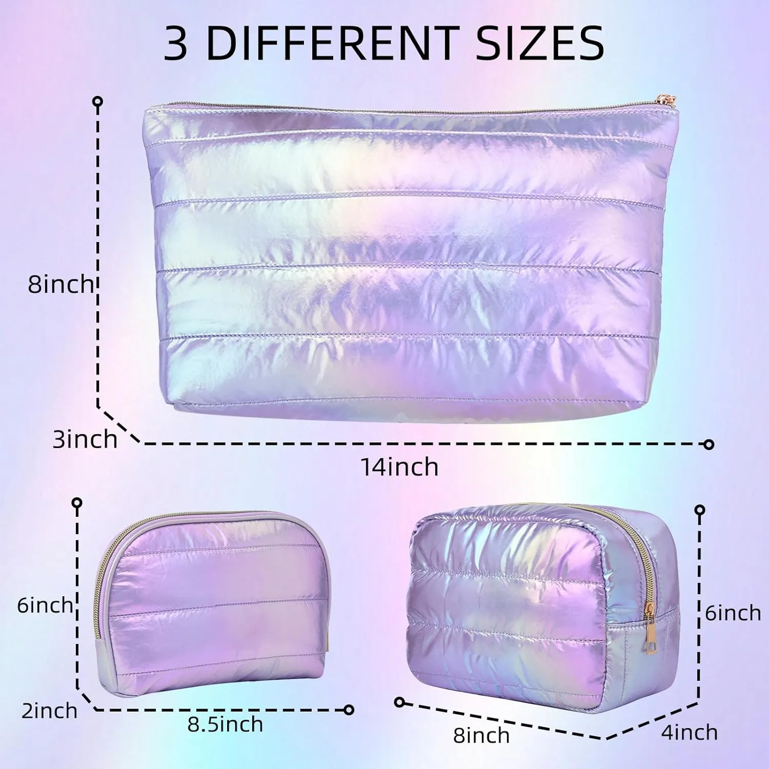 Hiroyuki 3pcs Iridescent Quilted Makeup Bag (plain, purple)