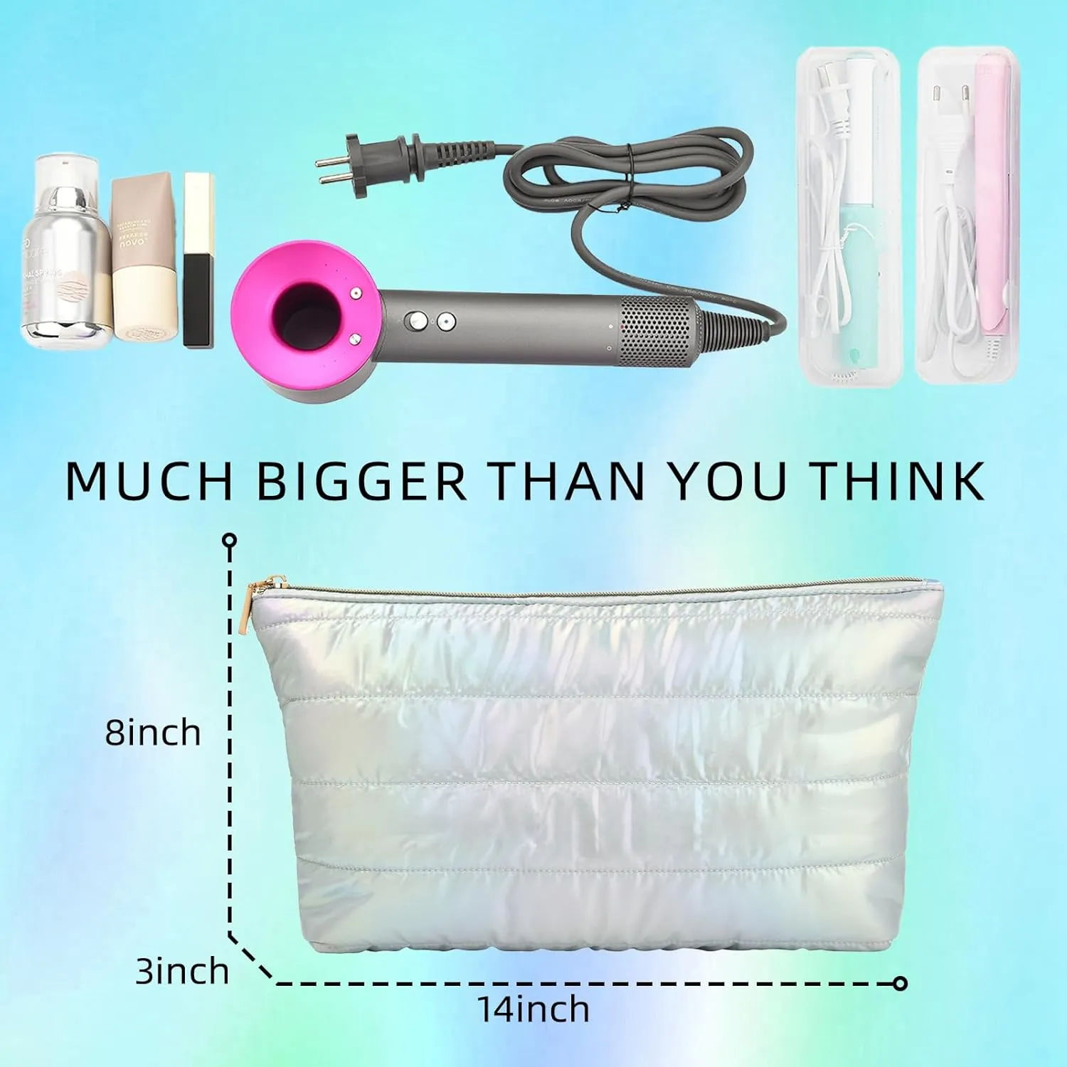 Hiroyuki Iridescent Makeup Bag, 14 inches Cosmetic Bag, Large Capacity Travel-Friendly Pouch (plain, cyan)