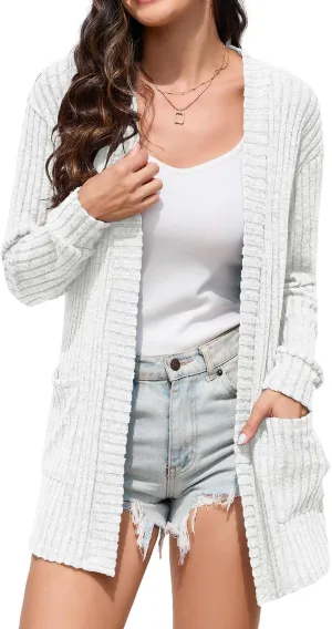 HIYIYEZI Womens Long Sleeve Cardigan Open Front Casual Knit Sweaters Coat Soft Outwear with Pockets