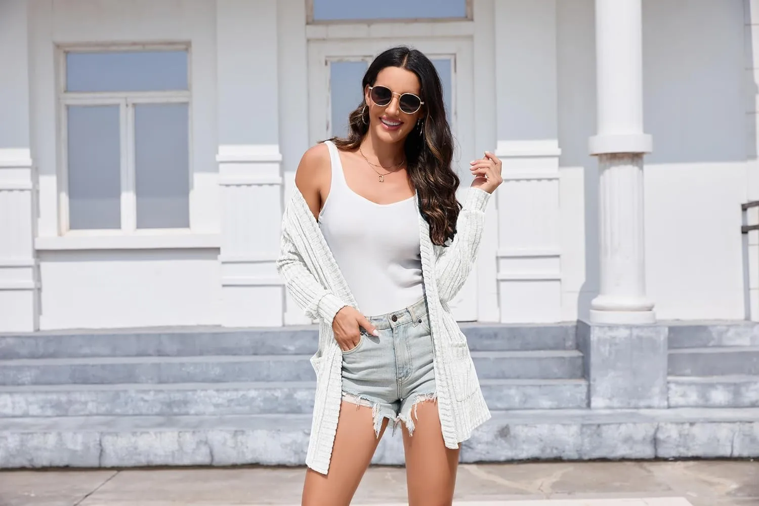 HIYIYEZI Womens Long Sleeve Cardigan Open Front Casual Knit Sweaters Coat Soft Outwear with Pockets