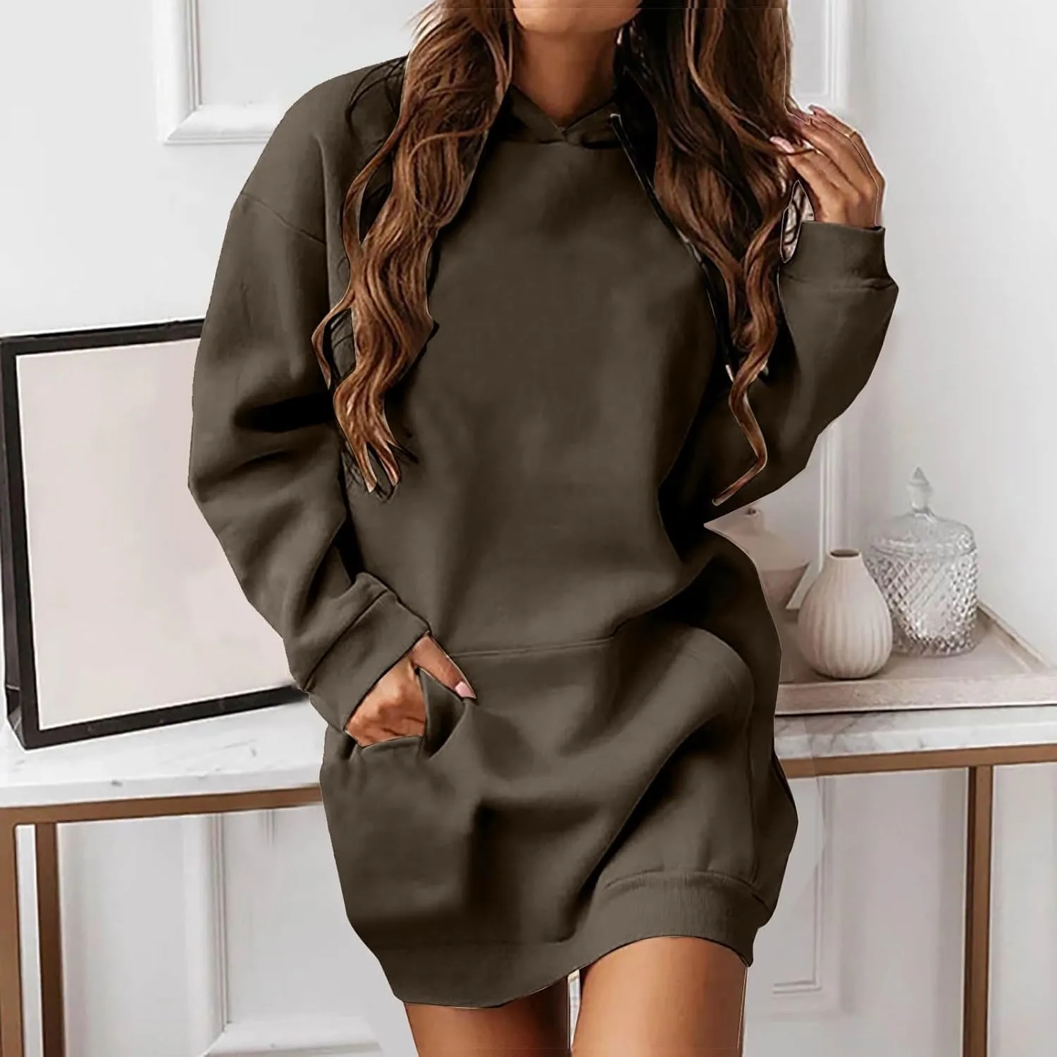 Hoodie Dress for Women Oversized Hooded Pullover Long Sleeve Sweatshirts Casual Fall Winter Hoodies Dress with Pocket