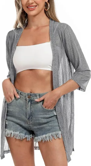 iClosam Women Casual 3/4 Sleeve Sheer Open Front Cardigan Sweater Kimono