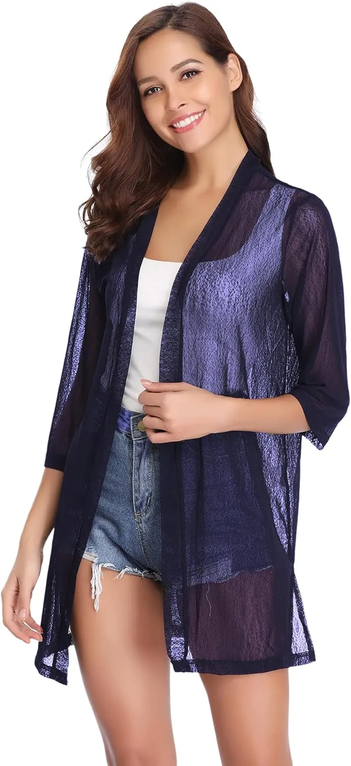 iClosam Women Casual 3/4 Sleeve Sheer Open Front Cardigan Sweater Kimono