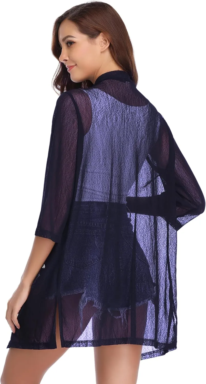 iClosam Women Casual 3/4 Sleeve Sheer Open Front Cardigan Sweater Kimono