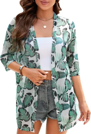 iClosam Women Casual 3/4 Sleeve Sheer Open Front Cardigan Sweater Kimono